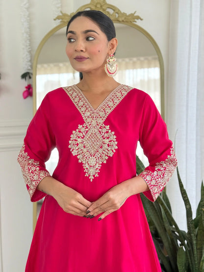 Festive Red Rani Roman Silk Divider Suit with Heavy Zari Work & Cotton Lining