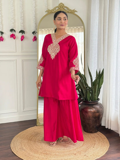 Festive Red Rani Roman Silk Divider Suit with Heavy Zari Work & Cotton Lining