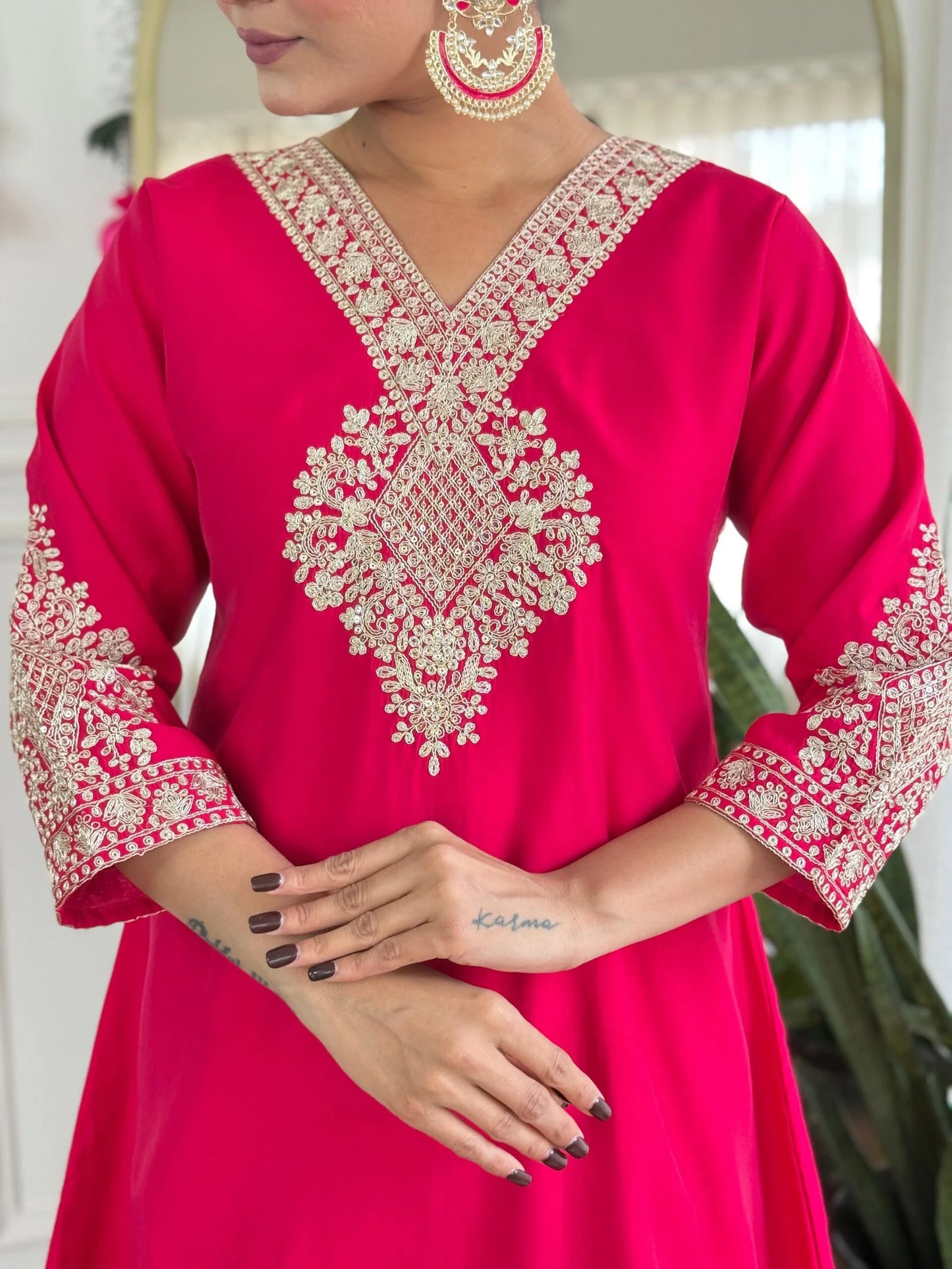 Festive Red Rani Roman Silk Divider Suit with Heavy Zari Work & Cotton Lining