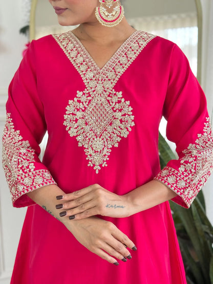 Festive Red Rani Roman Silk Divider Suit with Heavy Zari Work & Cotton Lining