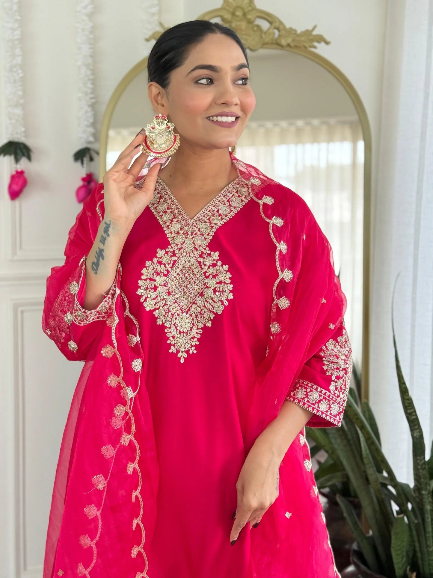 Festive Red Rani Roman Silk Divider Suit with Heavy Zari Work & Cotton Lining