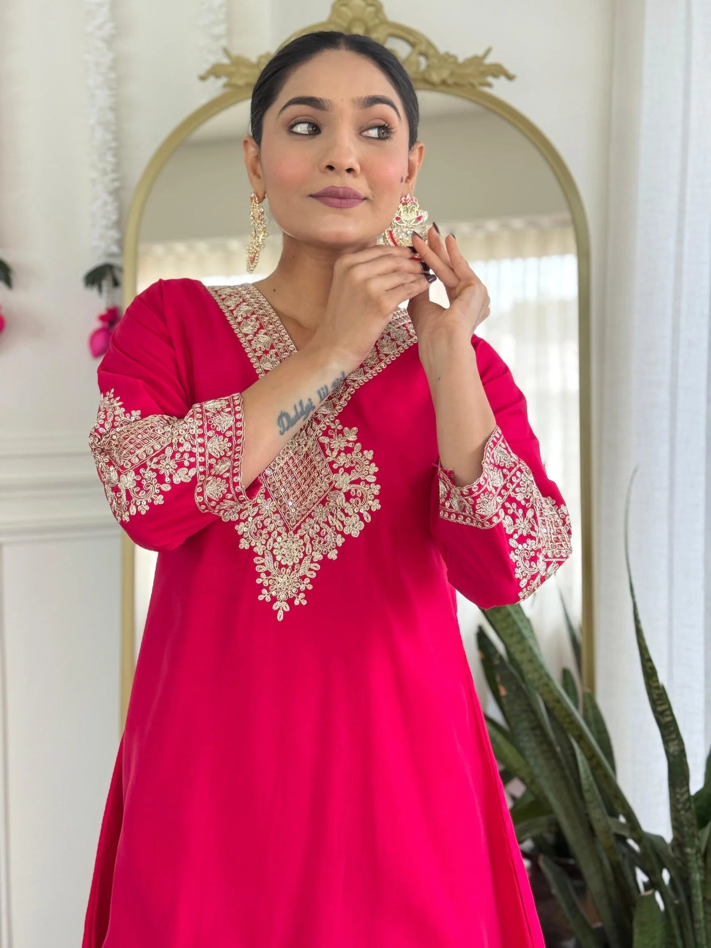 Festive Red Rani Roman Silk Divider Suit with Heavy Zari Work & Cotton Lining