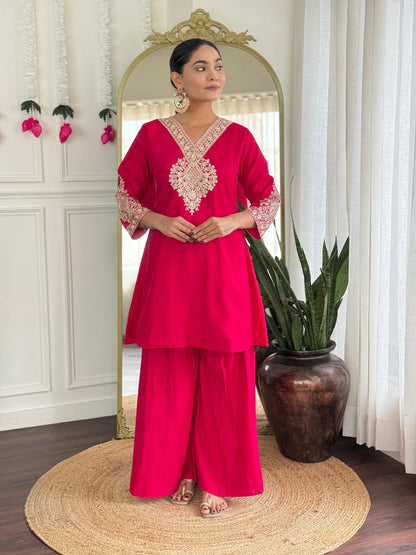 Festive Red Rani Roman Silk Divider Suit with Heavy Zari Work & Cotton Lining