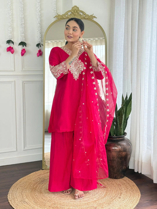 Festive Red Rani Roman Silk Divider Suit with Heavy Zari Work & Cotton Lining