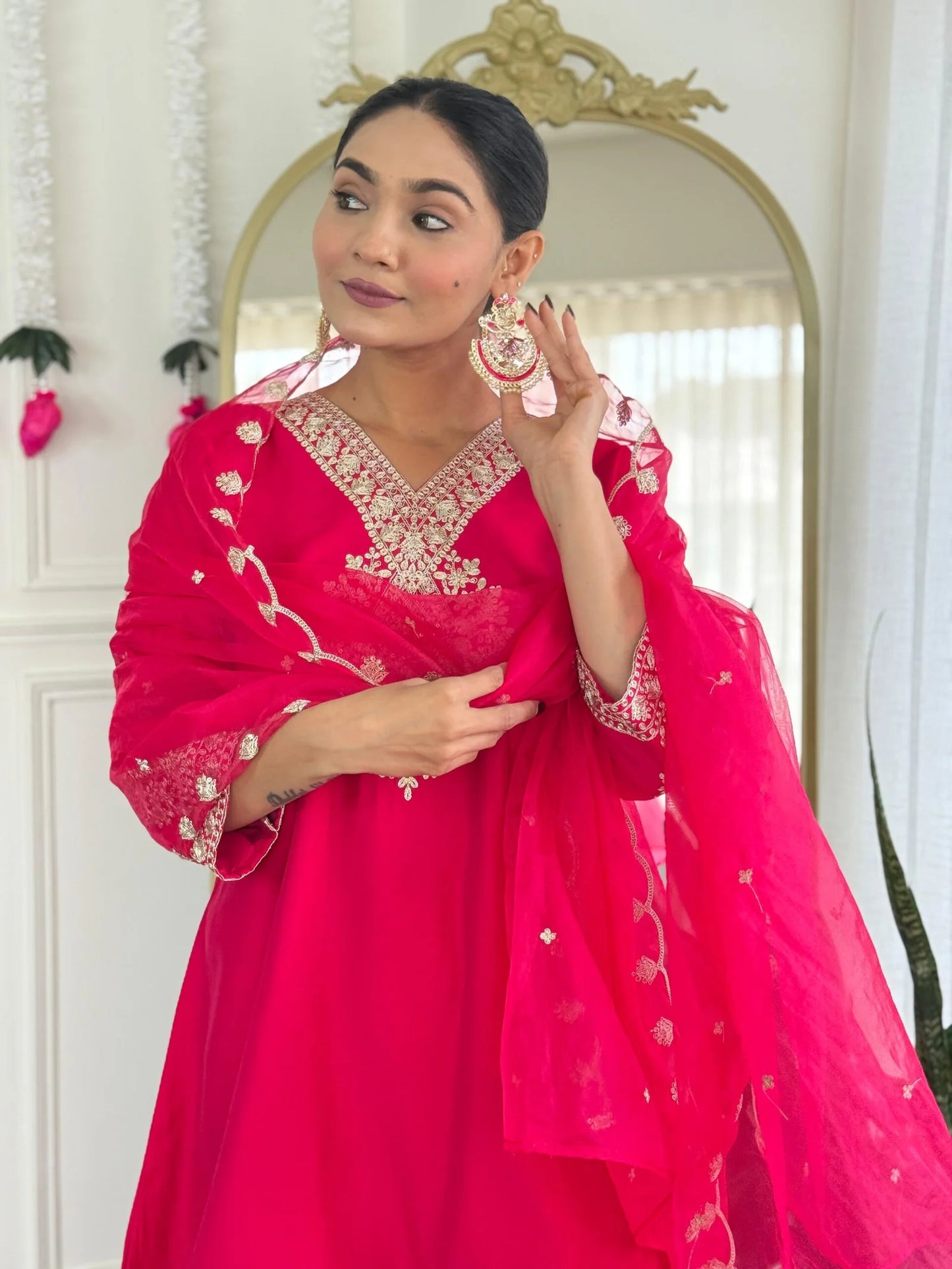 Festive Red Rani Roman Silk Divider Suit with Heavy Zari Work & Cotton Lining