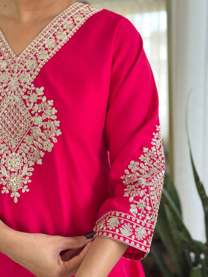 Festive Red Rani Roman Silk Divider Suit with Heavy Zari Work & Cotton Lining