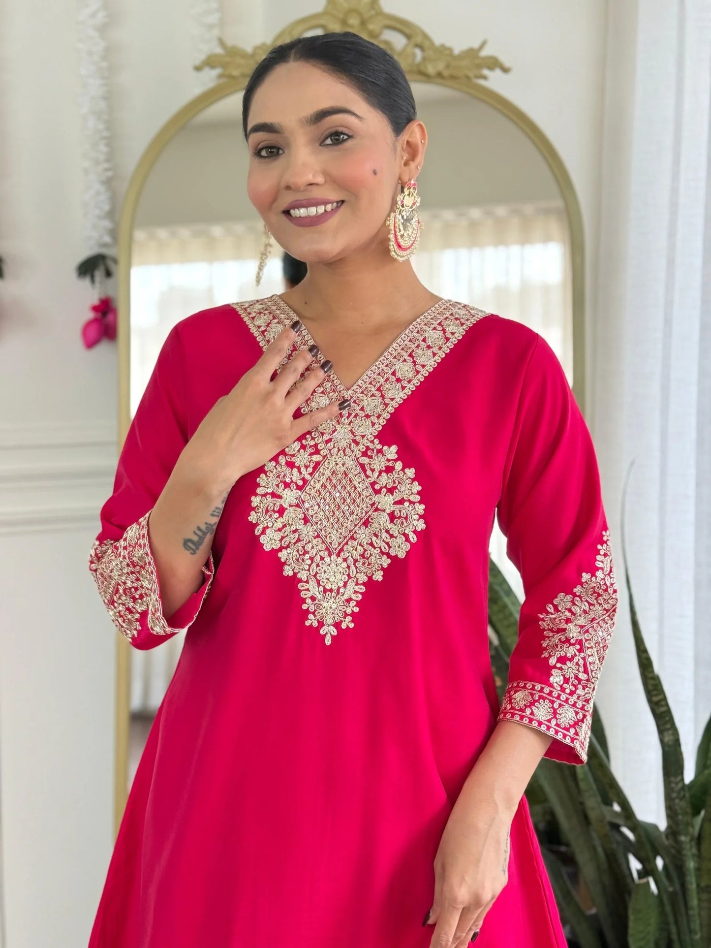 Festive Red Rani Roman Silk Divider Suit with Heavy Zari Work & Cotton Lining