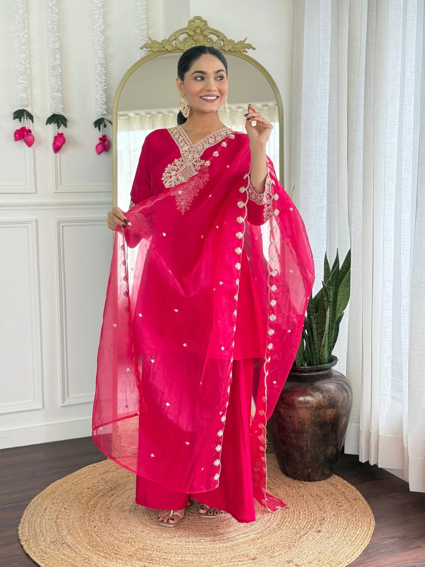 Festive Red Rani Roman Silk Divider Suit with Heavy Zari Work & Cotton Lining