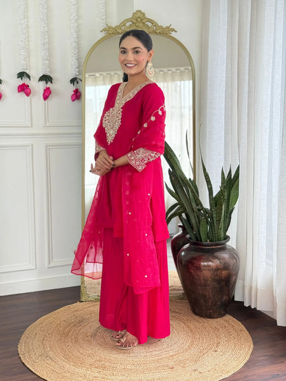 Festive Red Rani Roman Silk Divider Suit with Heavy Zari Work & Cotton Lining