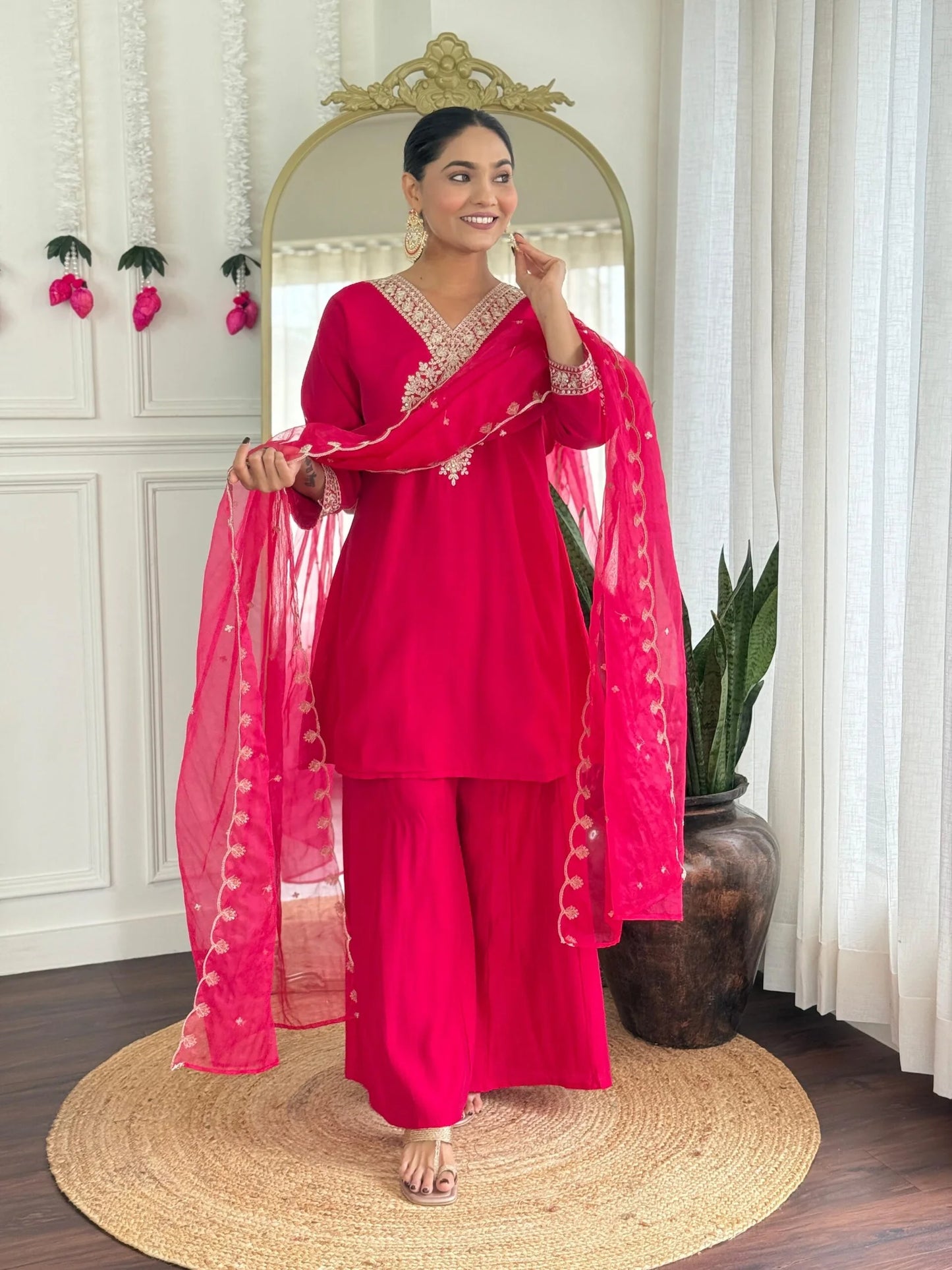 Festive Red Rani Roman Silk Divider Suit with Heavy Zari Work & Cotton Lining