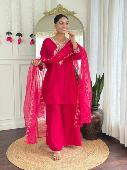 Festive Red Rani Roman Silk Divider Suit with Heavy Zari Work & Cotton Lining