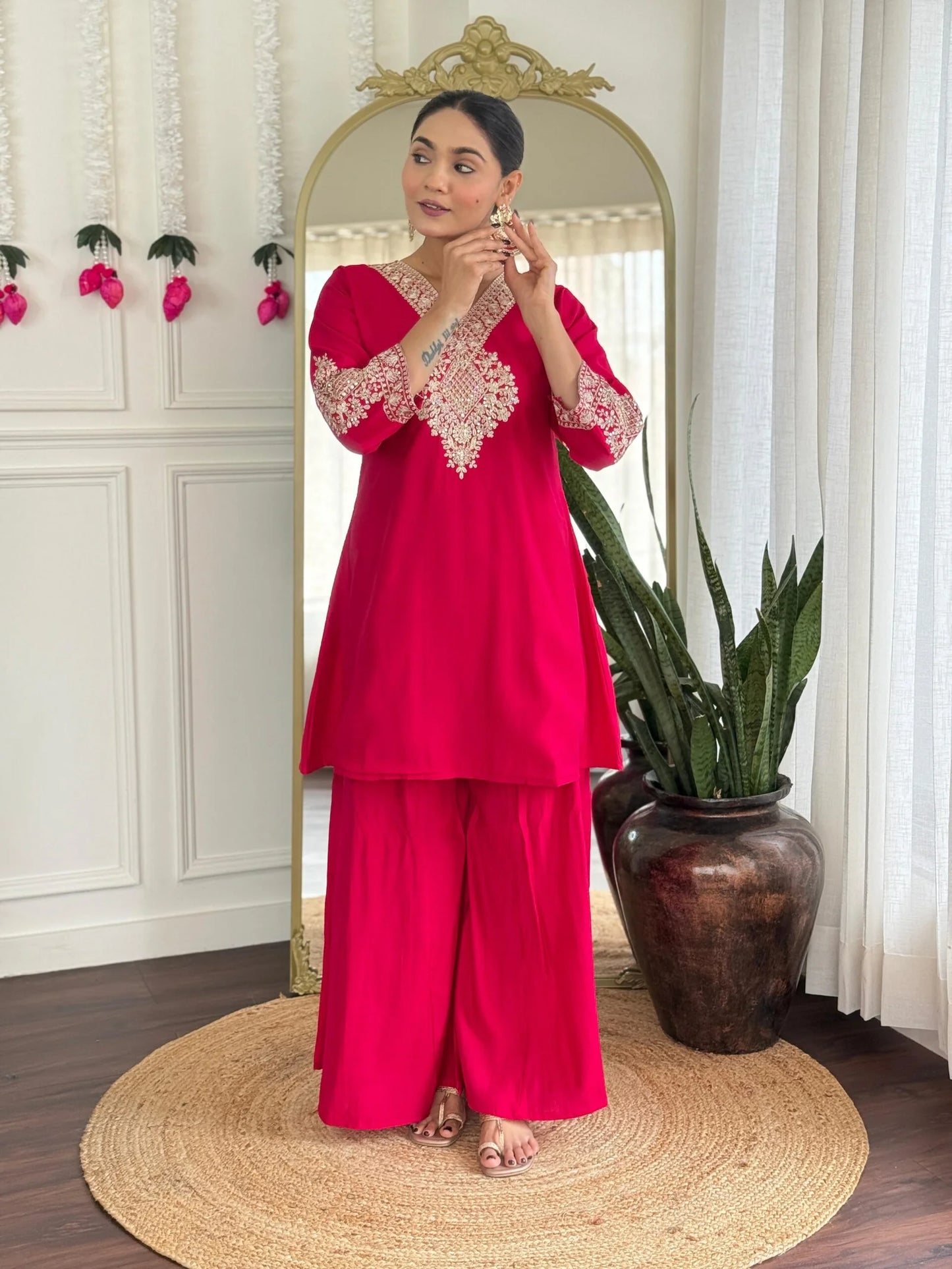 Festive Red Rani Roman Silk Divider Suit with Heavy Zari Work & Cotton Lining