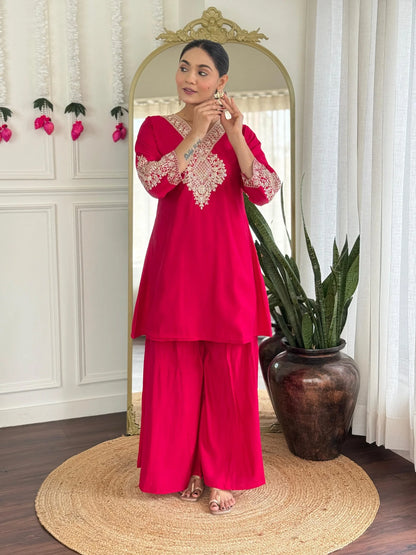 Festive Red Rani Roman Silk Divider Suit with Heavy Zari Work & Cotton Lining