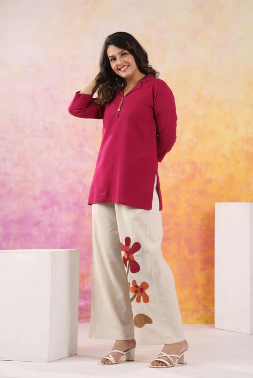 Fuchsia Pink Cotton Flex Co-ord Set with Floral Embroidered Pants