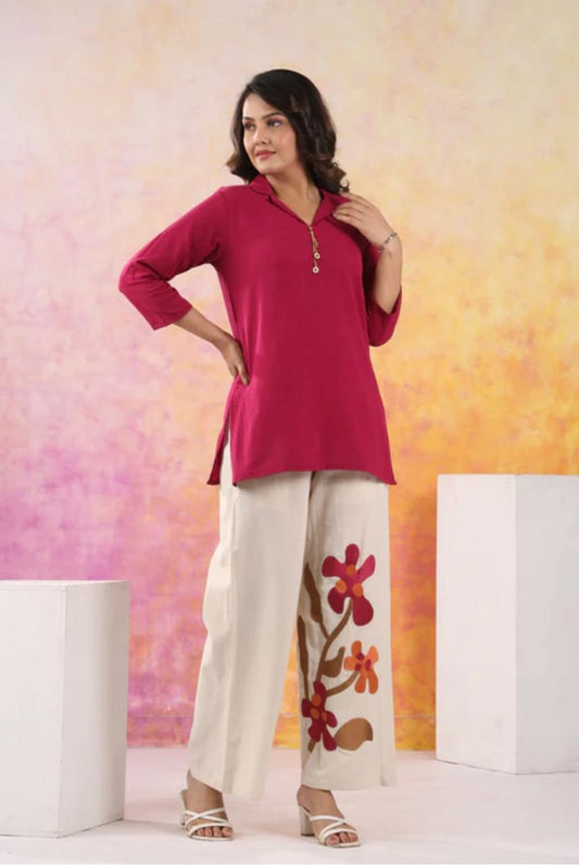 Fuchsia Pink Cotton Flex Co-ord Set with Floral Embroidered Pants