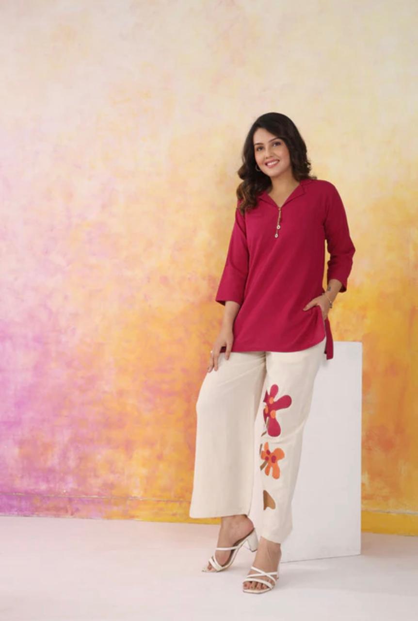 Fuchsia Pink Cotton Flex Co-ord Set with Floral Embroidered Pants