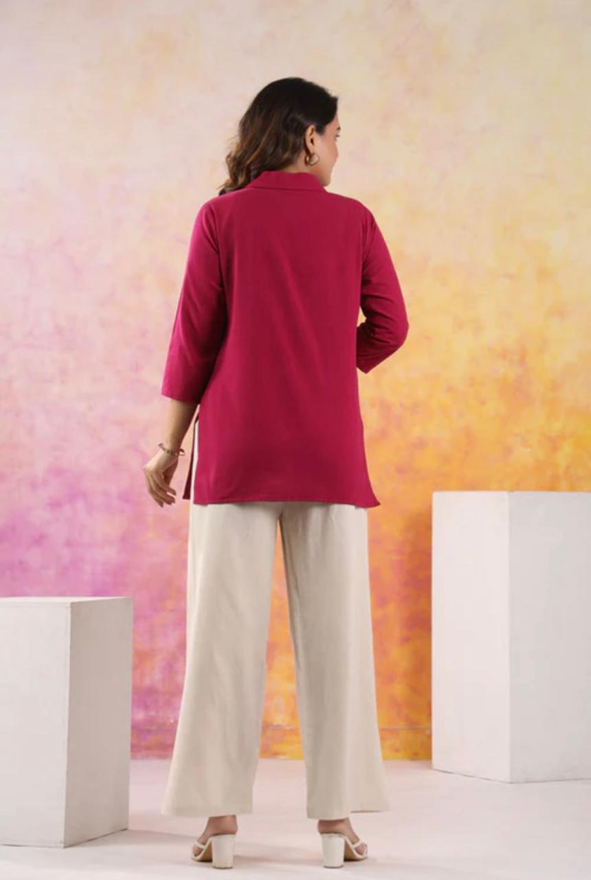 Fuchsia Pink Cotton Flex Co-ord Set with Floral Embroidered Pants