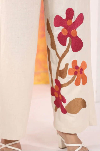 Fuchsia Pink Cotton Flex Co-ord Set with Floral Embroidered Pants