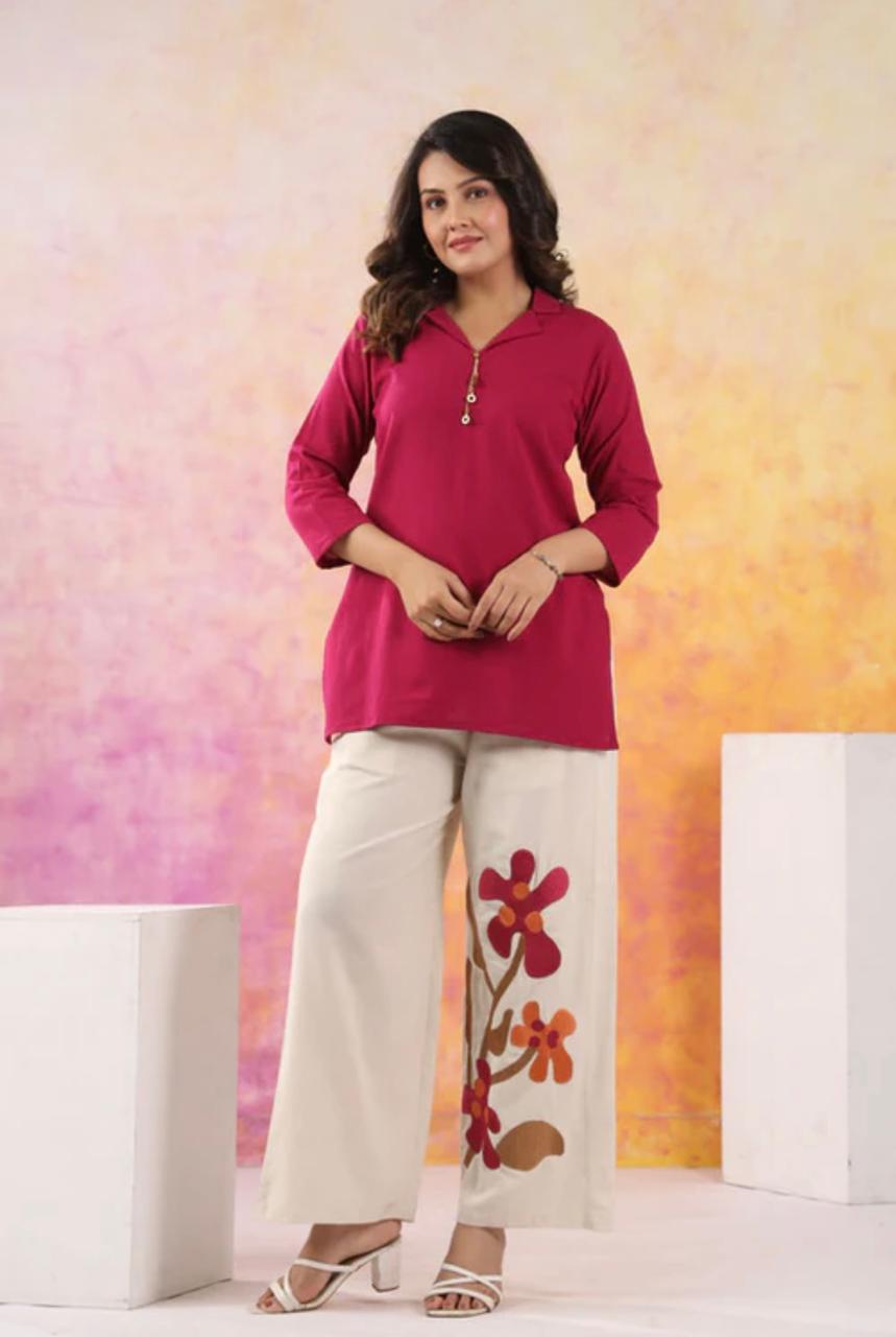 Fuchsia Pink Cotton Flex Co-ord Set with Floral Embroidered Pants