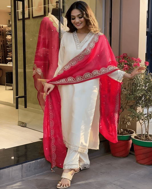 Elegant Handwoven Kurta Set with Palazzo & Geometric Print Dupatta