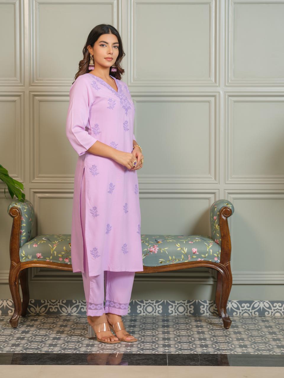 Grace in Lavender – Chikankari Embroidered Kurta Set with Crochet Palazzo
