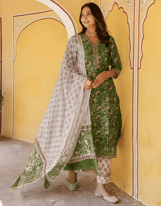 Green Floral Cotton Suit Set with Floral Print & Embroidered Neck