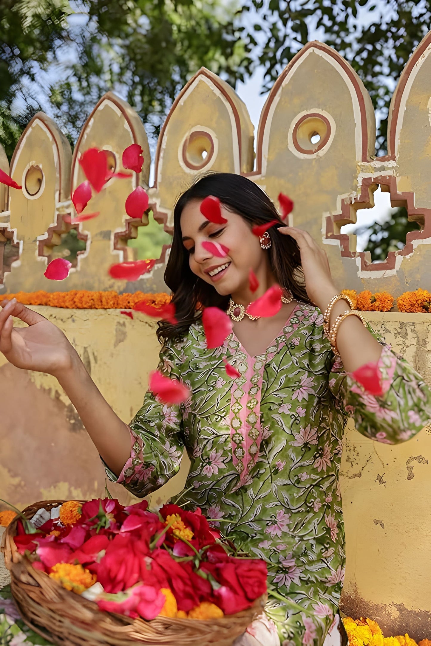 Green Floral Cotton Suit Set with Floral Print & Embroidered Neck
