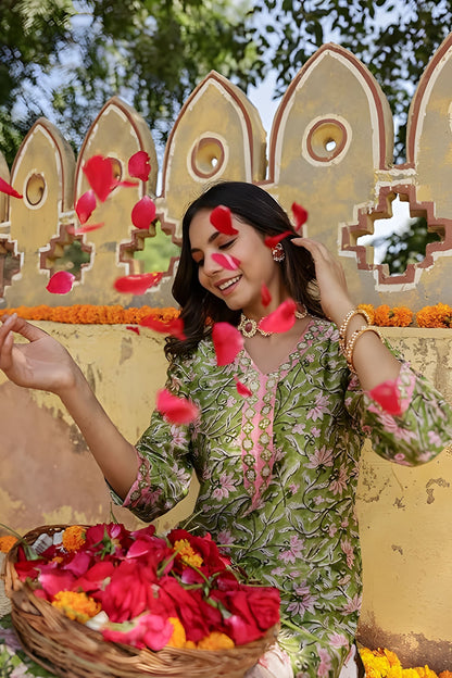 Green Floral Cotton Suit Set with Floral Print & Embroidered Neck