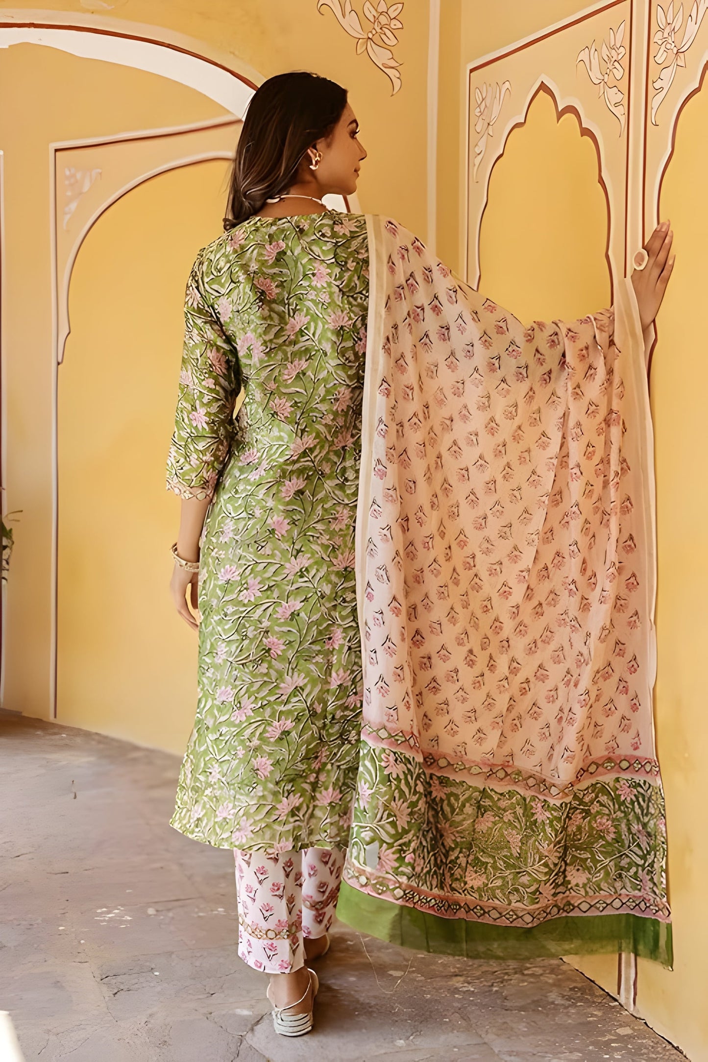 Green Floral Cotton Suit Set with Floral Print & Embroidered Neck