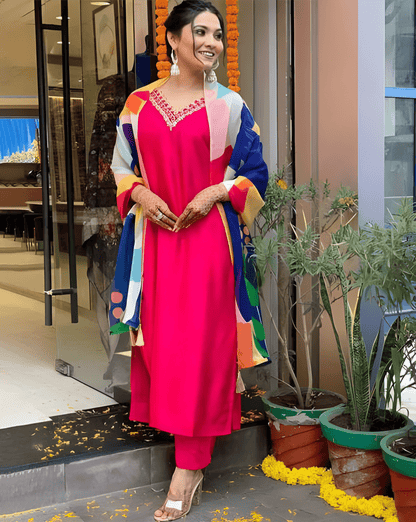 Hot Pink Viscose Rayon Suit Set with Multicolor Printed Dupatta