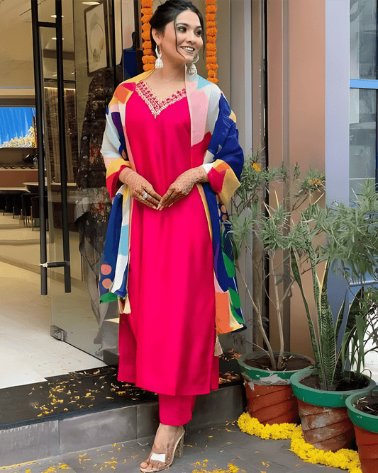 Hot Pink Viscose Rayon Suit Set with Multicolor Printed Dupatta