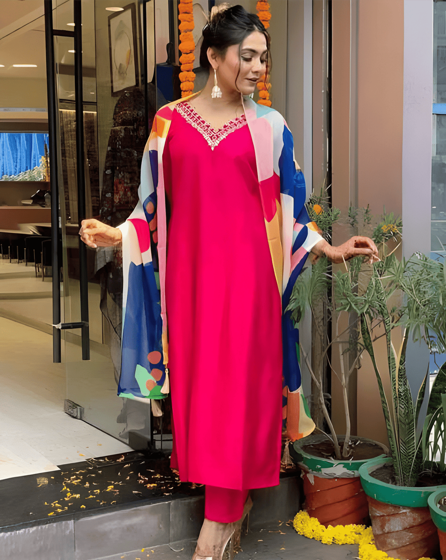 Hot Pink Viscose Rayon Suit Set with Multicolor Printed Dupatta
