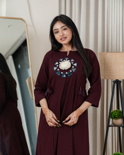Wine Dabu Cotton A-Line Kurta Set with Handcrafted Mirror Work Embroidery