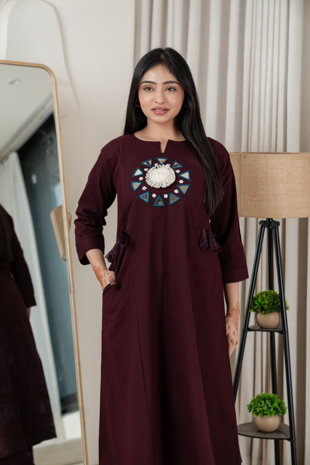 Wine Dabu Cotton A-Line Kurta Set with Handcrafted Mirror Work Embroidery