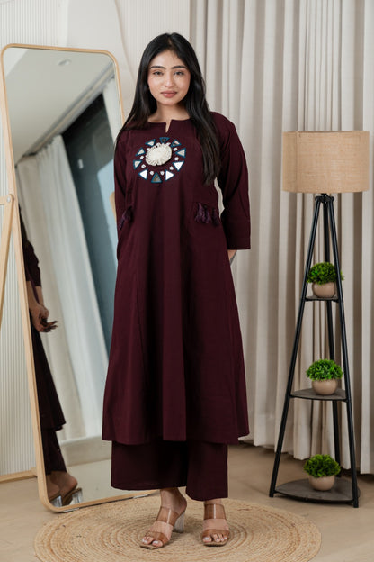 Wine Dabu Cotton A-Line Kurta Set with Handcrafted Mirror Work Embroidery