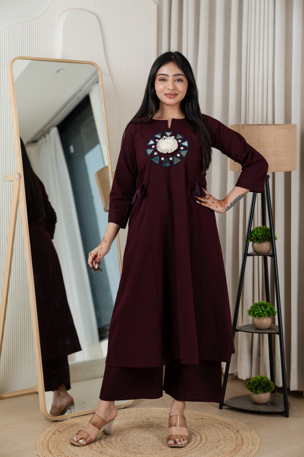 Wine Dabu Cotton A-Line Kurta Set with Handcrafted Mirror Work Embroidery