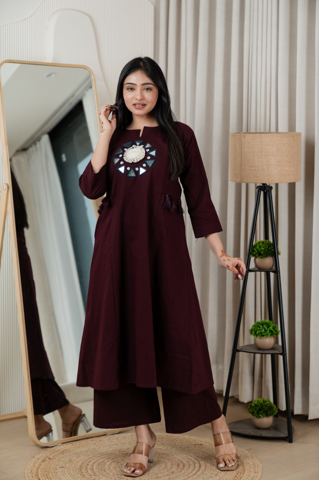 Wine Dabu Cotton A-Line Kurta Set with Handcrafted Mirror Work Embroidery