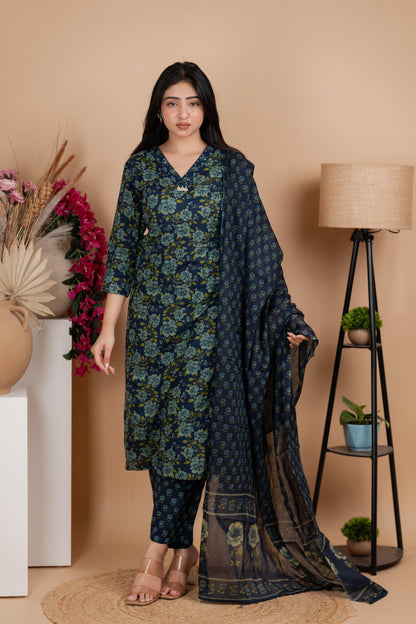 Indigo Jaipuri Cotton A-Line Suit Set – Daily & Office Wear