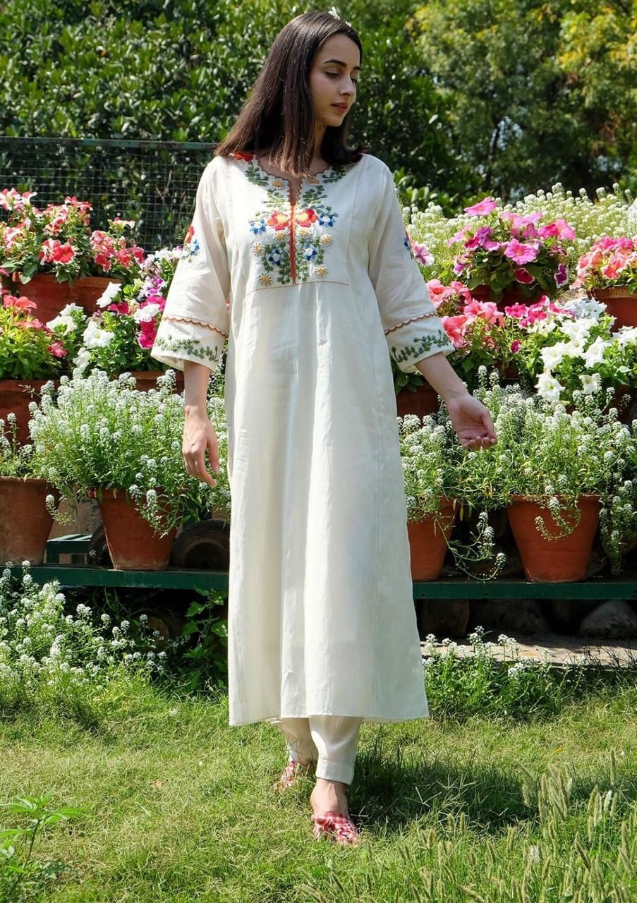 Ivory Cotton Embroidered Kurta with Straight Pants