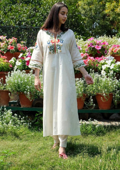 Ivory Cotton Embroidered Kurta with Straight Pants