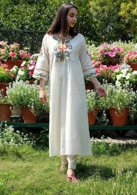 Ivory Cotton Embroidered Kurta with Straight Pants