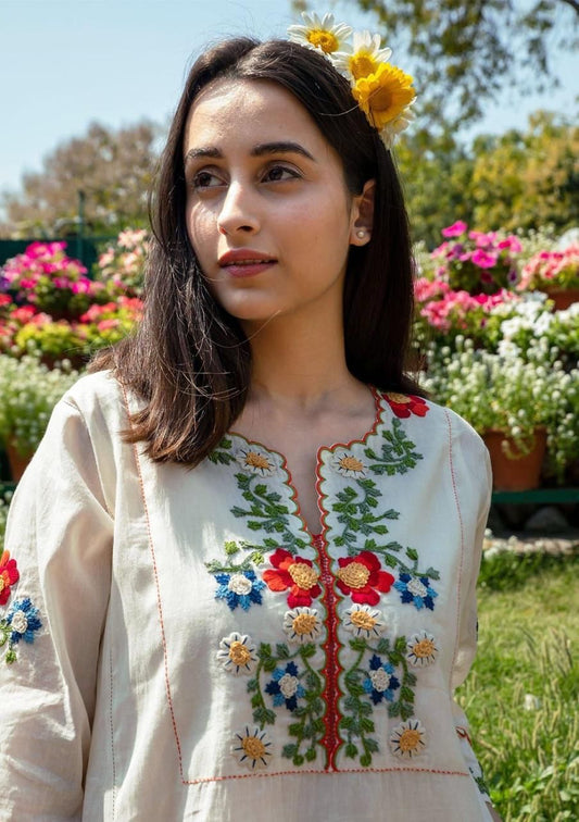 Ivory Cotton Embroidered Kurta with Straight Pants