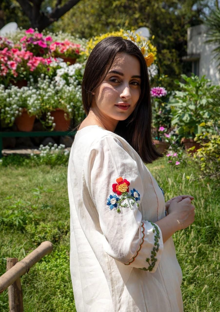 Ivory Cotton Embroidered Kurta with Straight Pants