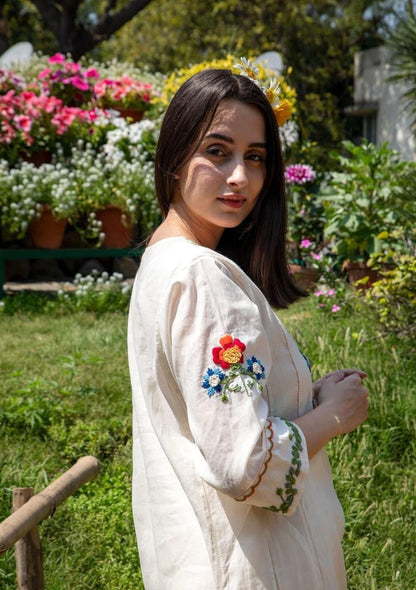 Ivory Cotton Embroidered Kurta with Straight Pants