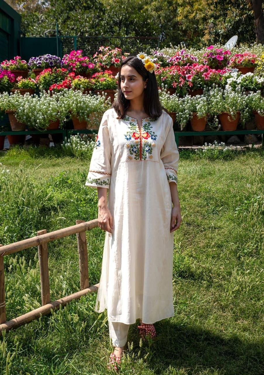Ivory Cotton Embroidered Kurta with Straight Pants