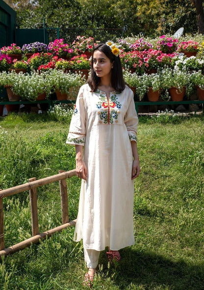 Ivory Cotton Embroidered Kurta with Straight Pants