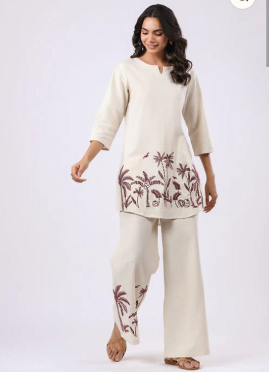 Ivory Cotton Flex Embroidered Palm Motif Co-ord Set