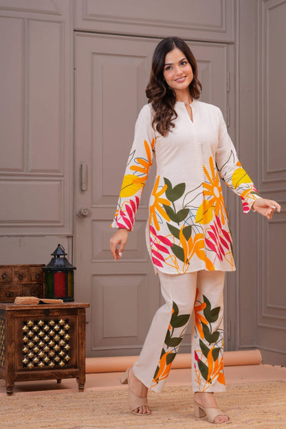 Ivory Cotton Flex Floral Print Co-ord Set