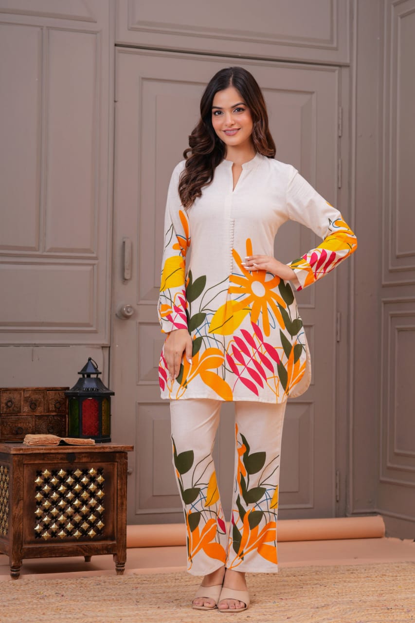 Ivory Cotton Flex Floral Print Co-ord Set