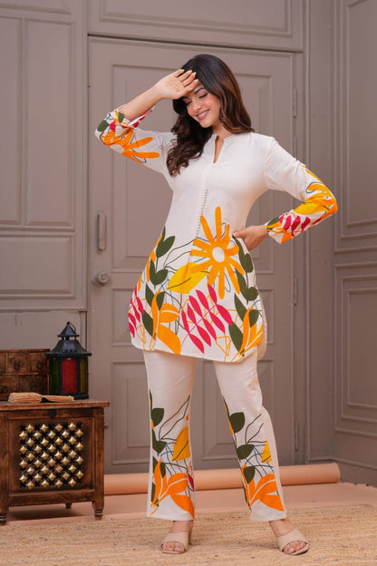Ivory Cotton Flex Floral Print Co-ord Set